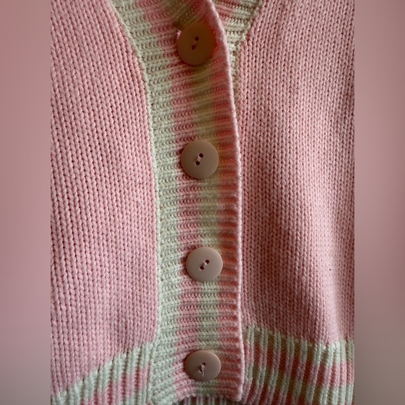 Vintage 80s mister NOAH Preppy Pink and White Striped Cardigan Sweater Size M - Picture 3 of 4
